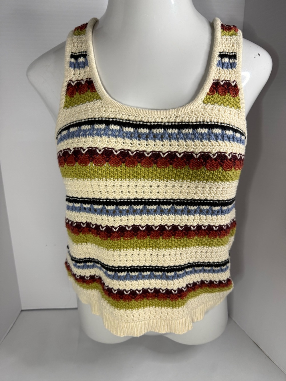 Cream Striped Cropped Knit Tank Top - ANA size s